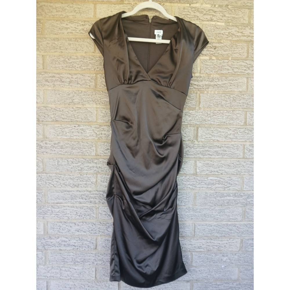Vintage Cache Brown Satin Ruched Midi Pencil Cocktail Dress Size 6 Made In USA
